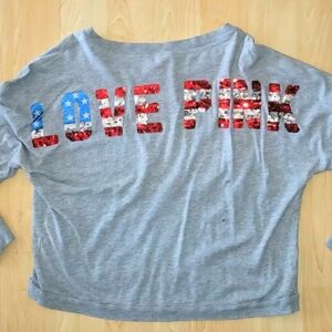Victora Secret Gray LOVE PINK Red, Sliver & Blue Sequin Graphic T-shirt